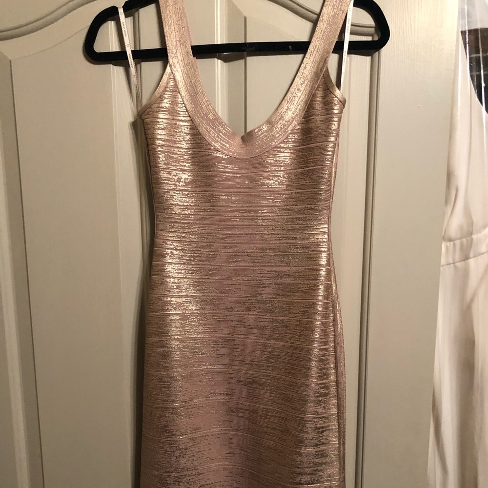 NWT Herve Leger rose gold floor length gown